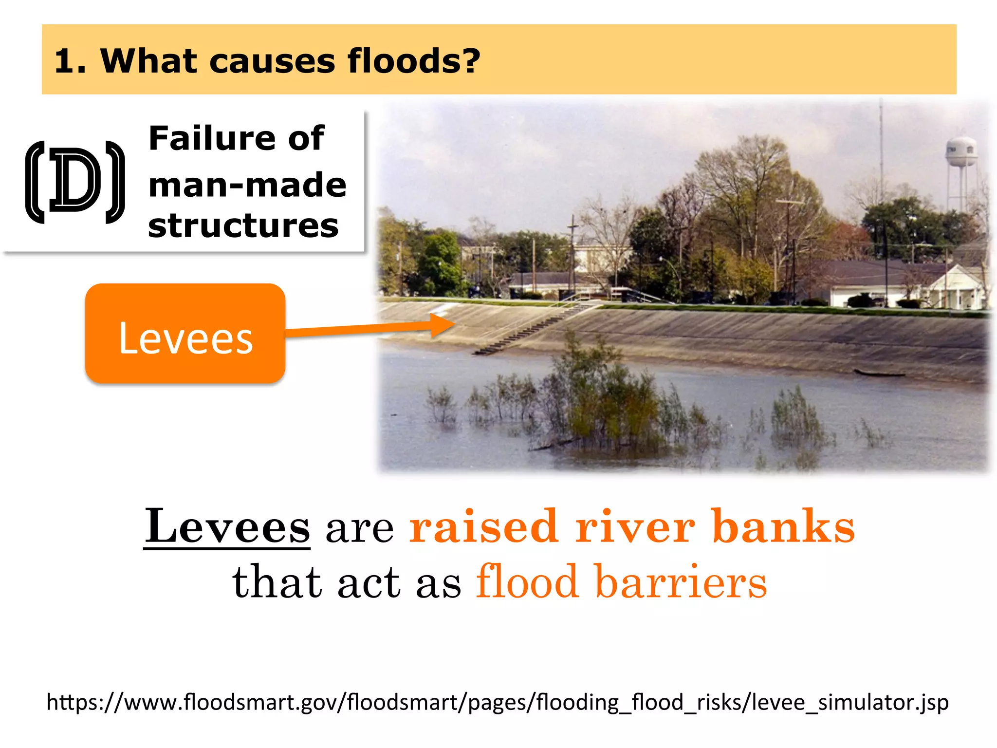 1. What causes floods?
Levees	
  
Failure of
man-made
structures
(D)
Levees are raised river banks
that act as flood barriers
h(ps://www.ﬂoodsmart.gov/ﬂoodsmart/pages/ﬂooding_ﬂood_risks/levee_simulator.jsp	
  
 