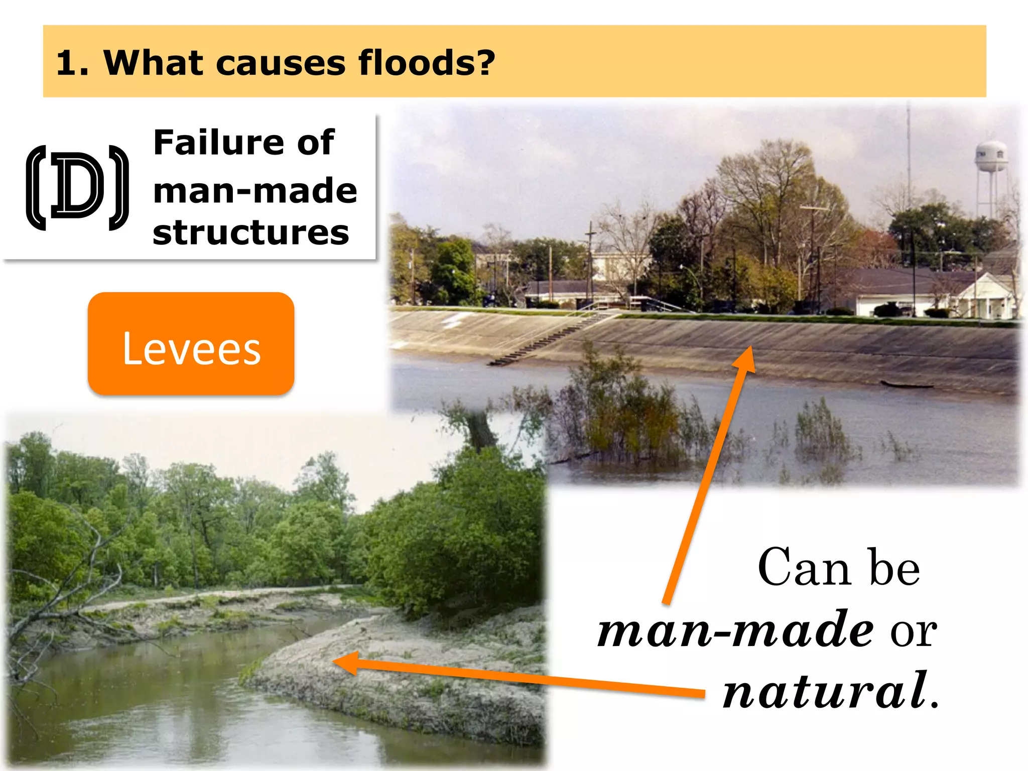 1. What causes floods?
Failure of
man-made
structures
(D)
Can be
man-made or
natural.
Levees	
  
 