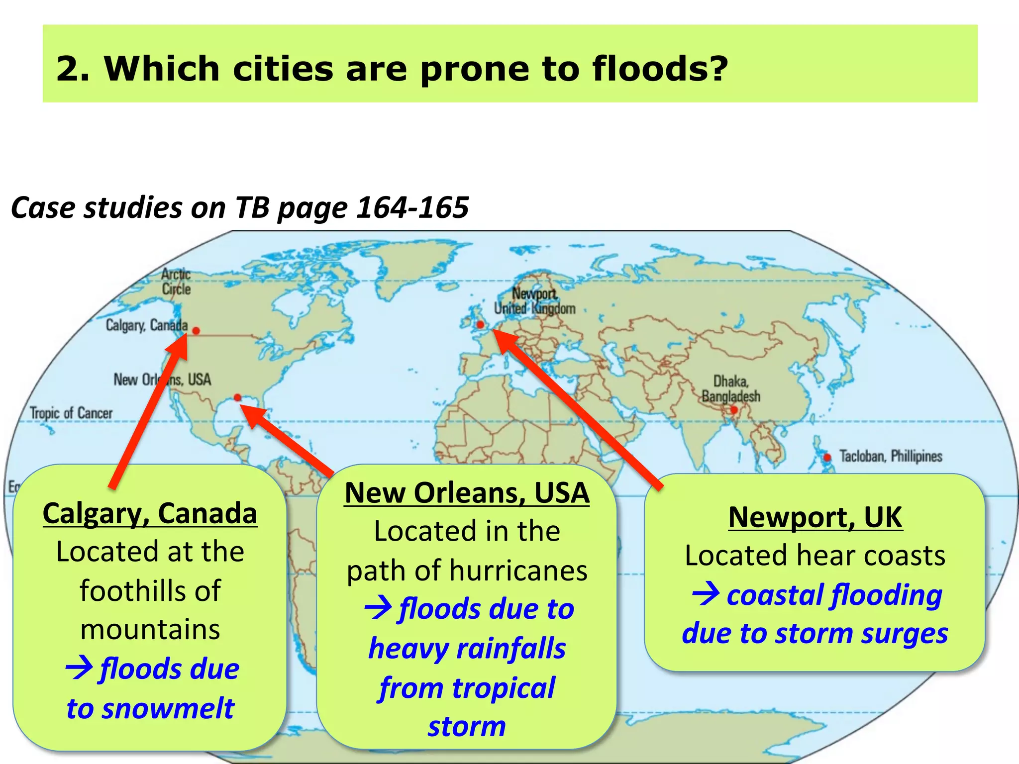 Case	
  studies	
  on	
  TB	
  page	
  164-­‐165	
  
Newport,	
  UK	
  
Located	
  hear	
  coasts	
  
	
  coastal	
  ﬂooding	
  
due	
  to	
  storm	
  surges	
  
New	
  Orleans,	
  USA	
  
Located	
  in	
  the	
  
path	
  of	
  hurricanes	
  	
  
	
  ﬂoods	
  due	
  to	
  
heavy	
  rainfalls	
  
from	
  tropical	
  
storm	
  
Calgary,	
  Canada	
  
Located	
  at	
  the	
  
foothills	
  of	
  	
  
mountains	
  
	
  ﬂoods	
  due	
  	
  
to	
  snowmelt	
  
2. Which cities are prone to floods?
 