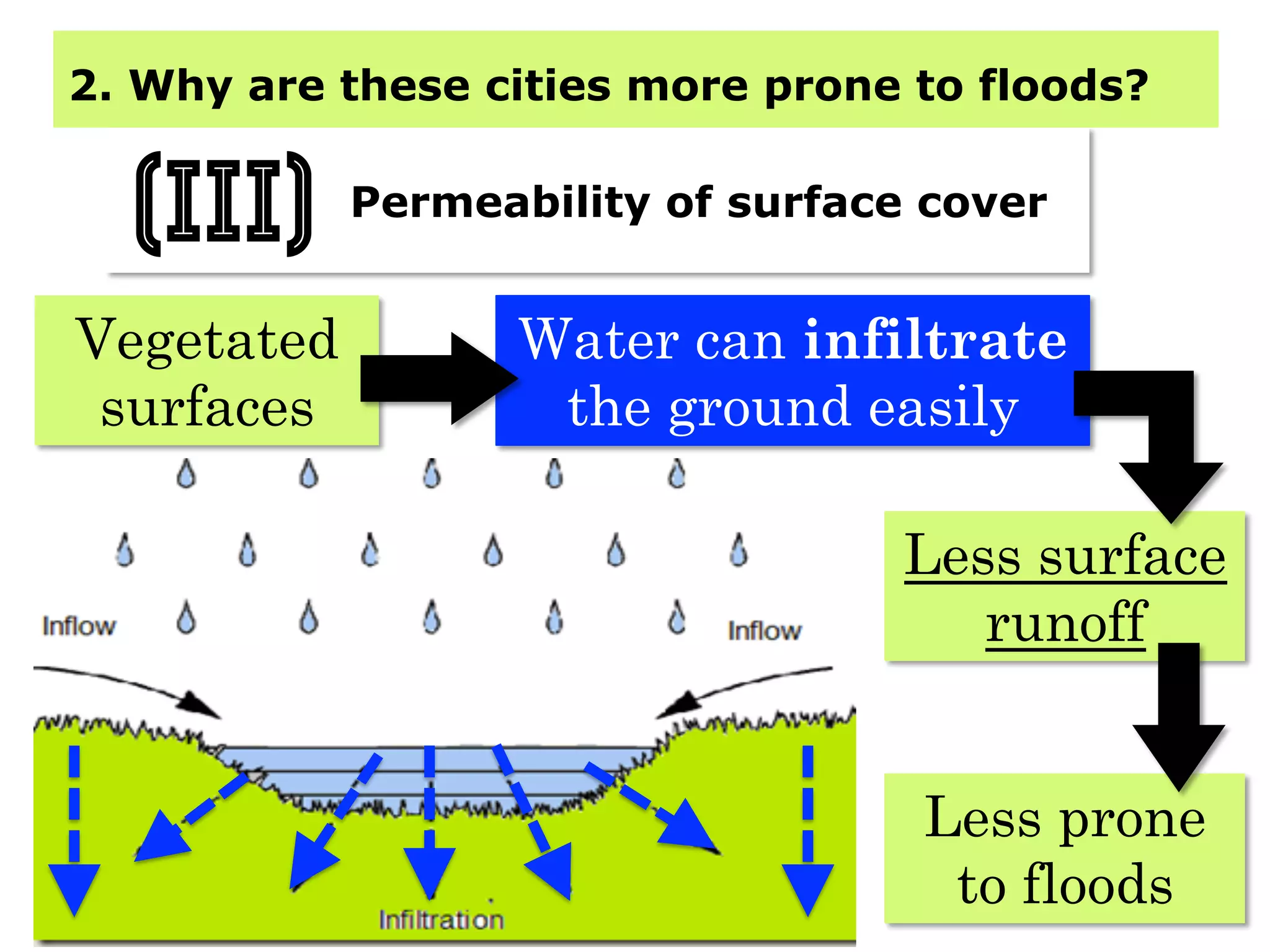 2. Why are these cities more prone to floods?
Permeability of surface cover
(iII)
Vegetated
surfaces
Water can infiltrate
the ground easily
Less surface
runoff
Less prone
to floods
 