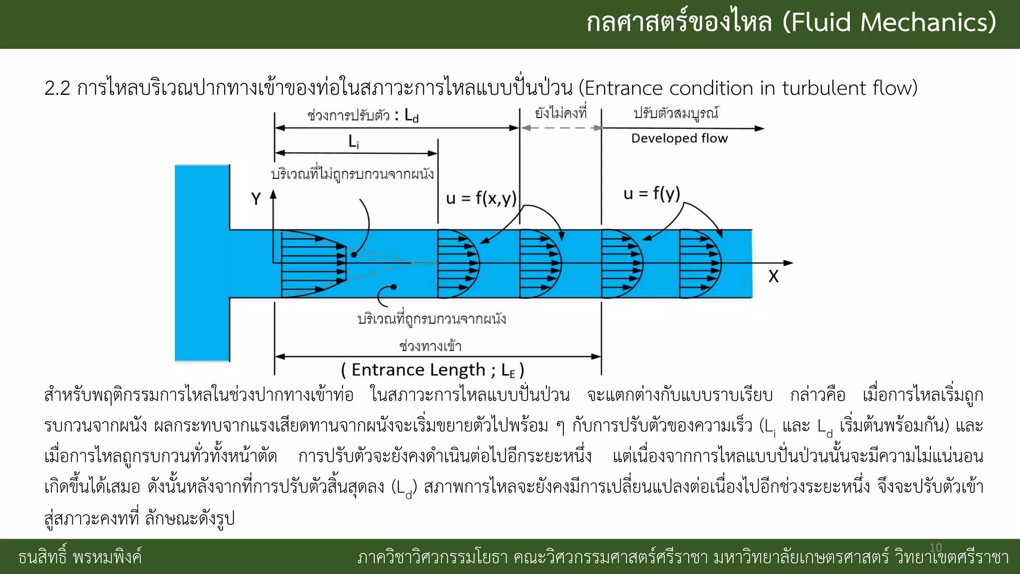 กลศาสตร์ของไหล (Fluid Mechanics)
ธนสิทธิ์ พรหมพิงค์ ภาควิชาวิศวกรรมโยธา คณะวิศวกรรมศาสตร์ศรีราชา มหาวิทยาลัยเกษตรศาสตร์ วิทยาเขตศรีราชา
2.2 การไหลบริเวณปากทางเข้าของท่อในสภาวะการไหลแบบปั่นป่วน (Entrance condition in turbulent flow)
สาหรับพฤติกรรมการไหลในช่วงปากทางเข้าท่อ ในสภาวะการไหลแบบปั่นป่วน จะแตกต่างกับแบบราบเรียบ กล่าวคือ เมื่อการไหลเริ่มถูก
รบกวนจากผนัง ผลกระทบจากแรงเสียดทานจากผนังจะเริ่มขยายตัวไปพร้อม ๆ กับการปรับตัวของความเร็ว (Li และ Ld เริ่มต้นพร้อมกัน) และ
เมื่อการไหลถูกรบกวนทั่วทั้งหน้าตัด การปรับตัวจะยังคงดาเนินต่อไปอีกระยะหนึ่ง แต่เนื่องจากการไหลแบบปั่นป่วนนั้นจะมีความไม่แน่นอน
เกิดขึ้นได้เสมอ ดังนั้นหลังจากที่การปรับตัวสิ้นสุดลง (Ld) สภาพการไหลจะยังคงมีการเปลี่ยนแปลงต่อเนื่องไปอีกช่วงระยะหนึ่ง จึงจะปรับตัวเข้า
สู่สภาวะคงทที่ ลักษณะดังรูป
10
 