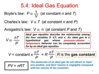 15
5.4: Ideal Gas Equation
Charles’s law: V a T (at constant n and P)
Avogadro’s law: V a n (at constant P and T)
Boyle’s law: P a (at constant n and T)1
V
V a
nT
P
V = constant x = R
nT
P
nT
P
R is the gas constant
PV = nRT
The molecules of an ideal gas do not attract or repel
one another, and their volume is negligible compared
with the volume of the container.
Ideal gas equation describe the relationship among
the four variables P, V,T, and n. An ideal gas is a
hypothetical gas whose pressure–volume –
temperature behavior can be completely accounted
for by an ideal gas equation.
 