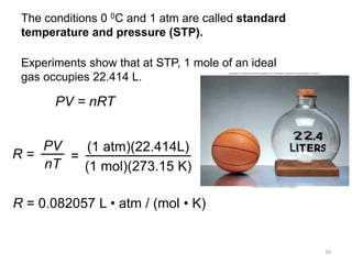 16
The conditions 0 0C and 1 atm are called standard
temperature and pressure (STP).
PV = nRT
R =
PV
nT
=
(1 atm)(22.414L)
(1 mol)(273.15 K)
R = 0.082057 L • atm / (mol • K)
Experiments show that at STP, 1 mole of an ideal
gas occupies 22.414 L.
 