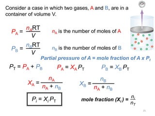 25
Consider a case in which two gases, A and B, are in a
container of volume V.
PA =
nART
V
PB =
nBRT
V
nA is the number of moles of A
nB is the number of moles of B
PT = PA + PB
XA =
nA
nA + nB
XB =
nB
nA + nB
PA = XA PT PB = XB PT
Pi = Xi PT mole fraction (Xi ) =
ni
nT
Partial pressure of A = mole fraction of A x Pt
 