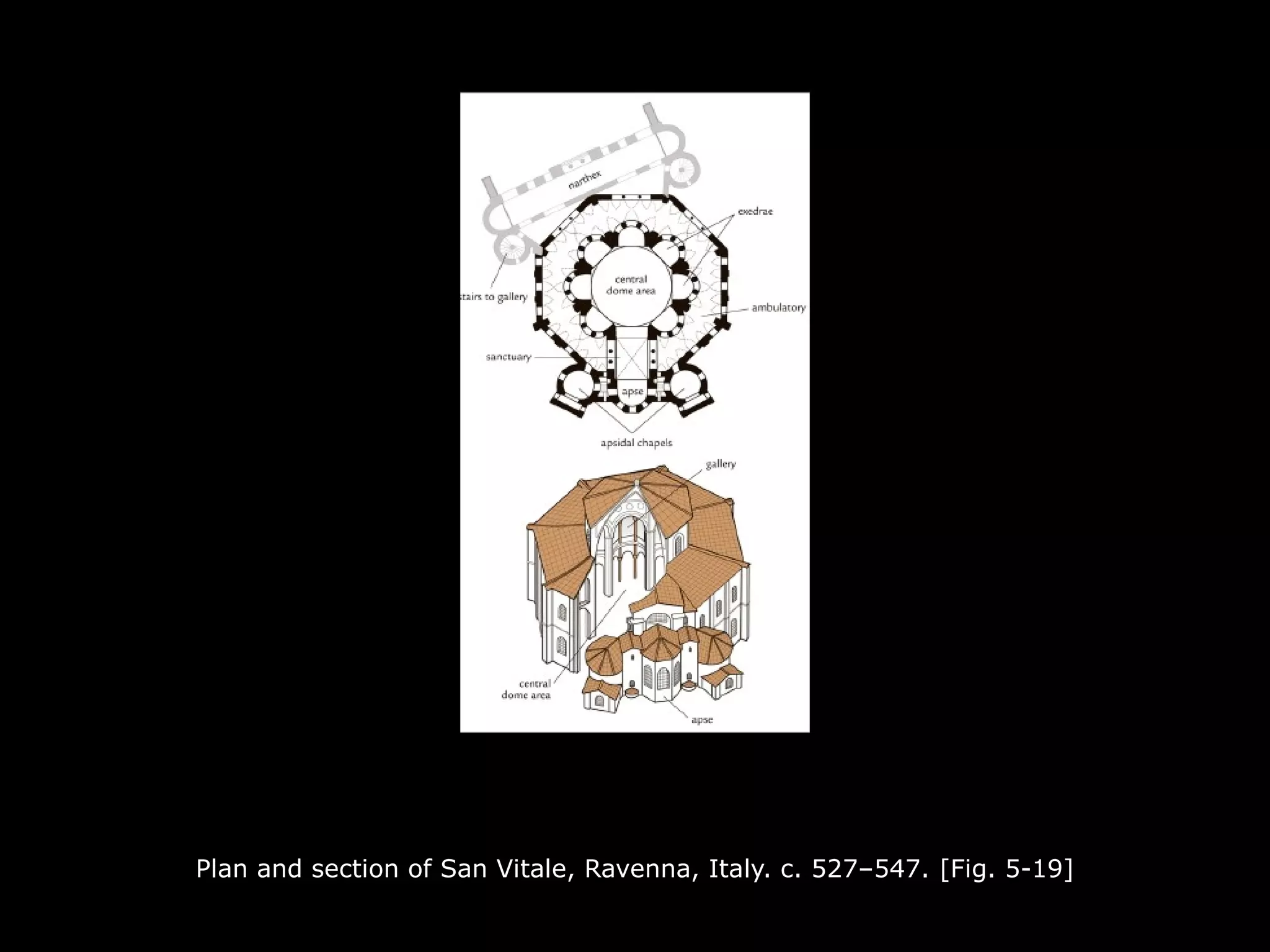 Plan and section of San Vitale, Ravenna, Italy. c. 527–547. [Fig. 5-19]
 