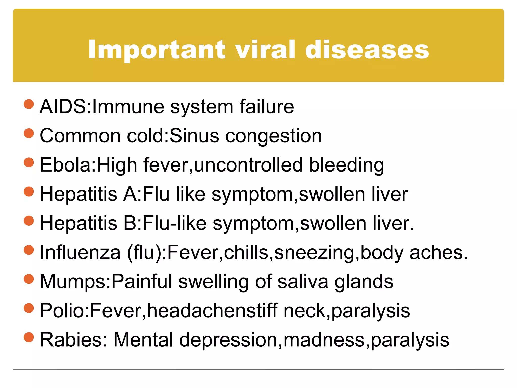 Important viral diseases

AIDS:Immune system failure
Common cold:Sinus congestion
Ebola:High fever,uncontrolled bleeding
Hepatitis A:Flu like symptom,swollen liver
Hepatitis B:Flu-like symptom,swollen liver.
Influenza (flu):Fever,chills,sneezing,body aches.
Mumps:Painful swelling of saliva glands
Polio:Fever,headachenstiff neck,paralysis
Rabies: Mental depression,madness,paralysis
 