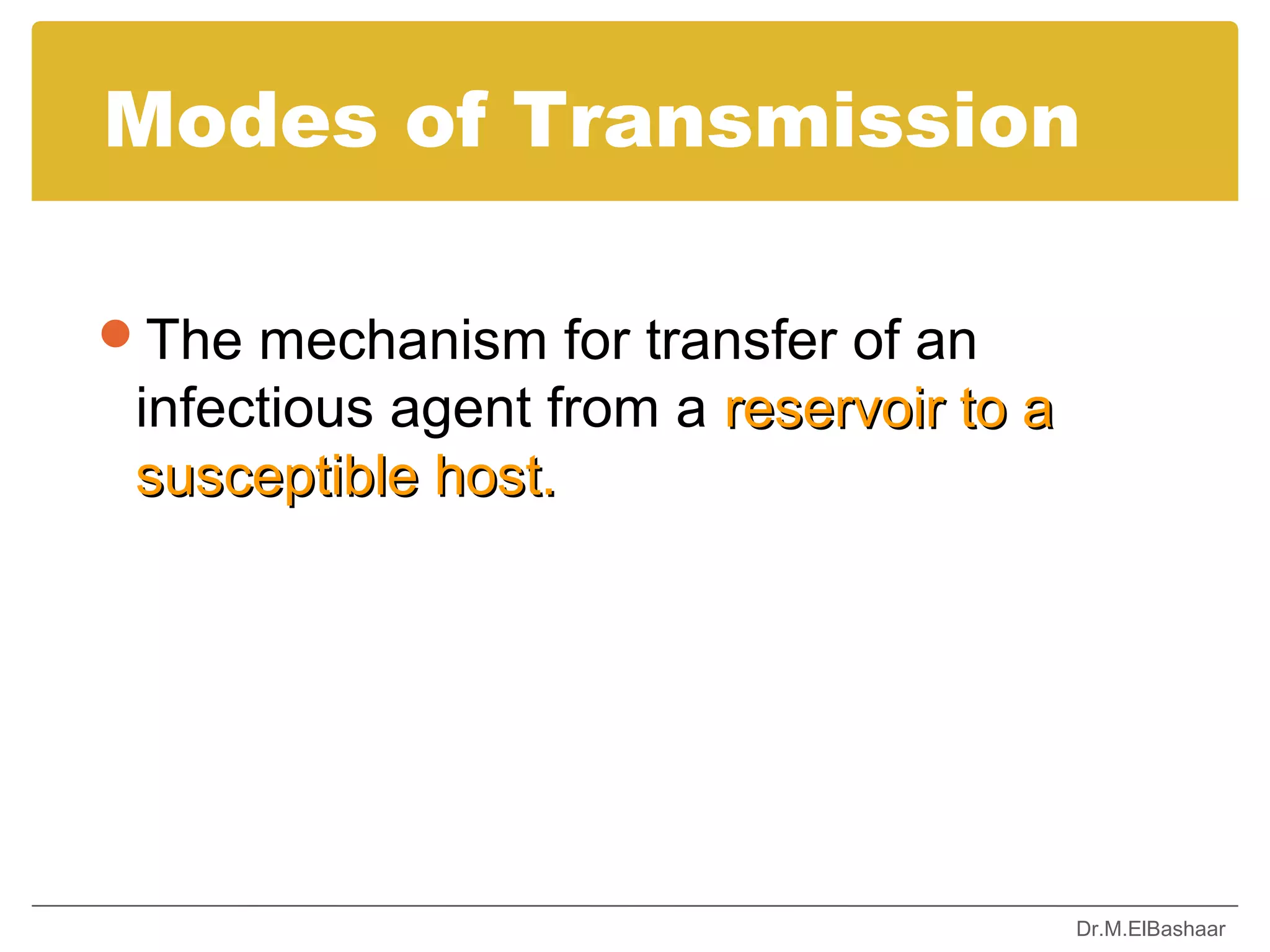 Modes of Transmission

The mechanism for transfer of an
 infectious agent from a reservoir to a
 susceptible host.




                                          Dr.M.ElBashaar
 