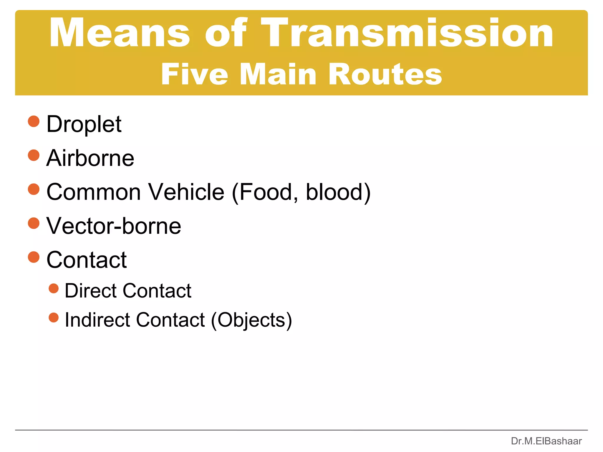 Means of Transmission
             Five Main Routes
Droplet
Airborne
Common Vehicle (Food, blood)
Vector-borne
Contact
 Direct Contact
 Indirect Contact (Objects)




                                Dr.M.ElBashaar
 
