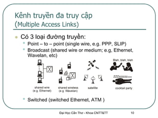 Kênh truyền đa truy cập
(Multiple Access Links)
   Có 3 loại đường truyền:
    •   Point – to – point (single wire, e.g. PPP, SLIP)
    •   Broadcast (shared wire or medium; e.g, Ethernet,
        Wavelan, etc)




    •   Switched (switched Ethernet, ATM )

                      Đại Học Cần Thơ - Khoa CNTT&TT   10
 