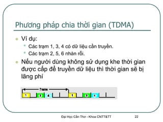 Phương pháp chia thời gian (TDMA)
   Ví dụ:
    •   Các trạm 1, 3, 4 có dữ liệu cần truyền.
    •   Các trạm 2, 5, 6 nhàn rỗi.
   Nếu người dùng không sử dụng khe thời gian
    được cấp để truyền dữ liệu thì thời gian sẽ bị
    lãng phí




                       Đại Học Cần Thơ - Khoa CNTT&TT   22
 