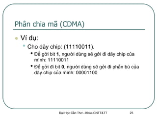 Phân chia mã (CDMA)
   Ví dụ:
    • Cho dãy chip: (11110011).
       • Để gởi bit 1, người dùng sẽ gởi đi dãy chip của
         mình: 11110011
       • Để gởi đi bit 0, người dùng sẽ gởi đi phần bù của
         dãy chip của mình: 00001100




                    Đại Học Cần Thơ - Khoa CNTT&TT   25
 