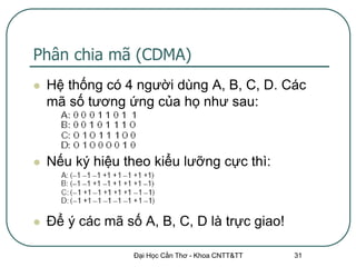 Phân chia mã (CDMA)
   Hệ thống có 4 người dùng A, B, C, D. Các
    mã số tương ứng của họ như sau:



   Nếu ký hiệu theo kiểu lưỡng cực thì:



   Để ý các mã số A, B, C, D là trực giao!

                  Đại Học Cần Thơ - Khoa CNTT&TT   31
 