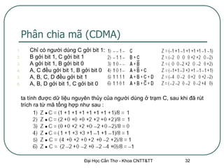 Phân chia mã (CDMA)
1.      Chỉ có người dùng C gởi bit 1:
2.      B gởi bit 1, C gởi bit 1
3.      A gởi bit 1, B gởi bit 0
4.      A, C đều gởi bit 1, B gởi bit 0
5.      A, B, C, D đều gởi bit 1
6.      A, B, D gởi bit 1, C gởi bit 0

     ta tính được dữ liệu nguyên thủy của người dùng ở trạm C, sau khi đã rút
     trích ra từ mã tổng hợp như sau :




                              Đại Học Cần Thơ - Khoa CNTT&TT         32
 