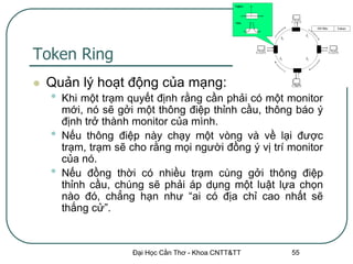 Token Ring
   Quản lý hoạt động của mạng:
    •   Khi một trạm quyết định rằng cần phải có một monitor
        mới, nó sẽ gởi một thông điệp thỉnh cầu, thông báo ý
        định trở thành monitor của mình.
    •   Nếu thông điệp này chạy một vòng và về lại được
        trạm, trạm sẽ cho rằng mọi người đồng ý vị trí monitor
        của nó.
    •   Nếu đồng thời có nhiều trạm cùng gởi thông điệp
        thỉnh cầu, chúng sẽ phải áp dụng một luật lựa chọn
        nào đó, chẳng hạn như “ai có địa chỉ cao nhất sẽ
        thắng cử”.



                      Đại Học Cần Thơ - Khoa CNTT&TT   55
 