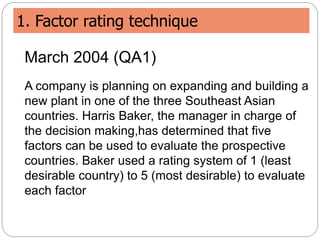 1. Factor rating technique
March 2004 (QA1)
A company is planning on expanding and building a
new plant in one of the three Southeast Asian
countries. Harris Baker, the manager in charge of
the decision making,has determined that five
factors can be used to evaluate the prospective
countries. Baker used a rating system of 1 (least
desirable country) to 5 (most desirable) to evaluate
each factor
 