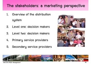 The stakeholders: a marketing perspective
1. Overview of the distribution
   system
2. Level one: decision makers
3. Level two: decision makers
4. Primary service providers
5. Secondary service providers


                                        38
 