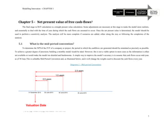 Modelling Innovation – CHAPTER 5
                                                                                                                          Free Cash Flow                    The Weighted          Net Present
                                                                                                                               (FCF)       TV Estimation   Average Cost of       Value of Free
                                                                                                                                                           Capital (WACC)        Cash-Flows




    Chapter 5 - Net present value of free cash-flows1
            The final stage in DCF calculation is a straight present value calculation. Some adjustments are necessary at this stage to make the model more realistic,
and essentially to deal with the time of year during which the cash flows are assumed to occur. Once the net present value is determined, the model should be
used to perform a sensitivity analysis. The analysis will be more complete if scenarios are added, either along the way or following the completion of the
analysis.


    5.1                 What is the mid-period convention?
            To determine the NPVof the FCF of a company or project, the period in which the cashflows are generated should be simulated as precisely as possible.
To achieve a greater degree of precision, building a monthly model would be ideal. However, this is not a viable option in most cases as the information is either
not available or would make the model too detailed and burdensome. A simple way to improve the model’s accuracy is to assume that cash flows occur mid-year,
as of 30 June.This is calledthe Mid-Period Convention and, as illustrated below, and it will change the weights used to discount the cash flows every year.

                                                                             Diagram 1 – Mid-period Convention


                                                                                 2.5 years

                                                          1.5 years
                                          0.5 years




                       31 December 2012    30 June 2013       30 June 2014          30 June 2015




                   Valuation Date
            1
                © 2012, Hugo Mendes Domingos and Eduardo Vera-Cruz Pinto


                                                                                                                                                                             1
 