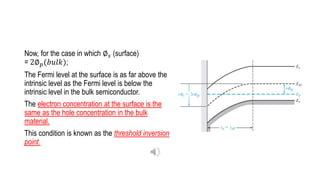 Now, for the case in which ∅𝑠 (surface)
= 2∅𝑝(𝑏𝑢𝑙𝑘);
The Fermi level at the surface is as far above the
intrinsic level as the Fermi level is below the
intrinsic level in the bulk semiconductor.
The electron concentration at the surface is the
same as the hole concentration in the bulk
material.
This condition is known as the threshold inversion
point.
 