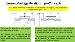 Current–Voltage Relationship—Concepts
The n-channel enhancement mode MOSFET (a) with an applied gate voltage 𝑉𝐺𝑆 < 𝑉𝑇and (b) with an
applied gate voltage 𝑉𝐺𝑆 > 𝑉𝑇.
The source and substrate, or body, terminals
are held at ground potential.
With this bias configuration, there is no electron
inversion layer, the drain-to-substrate p-n
junction is reverse biased, and the drain current
is zero
An electron inversion layer has been created so that when a
small drain voltage is applied, the electrons in the inversion
layer will flow from the source to the positive drain terminal.
The conventional current enters the drain terminal and leaves
the source terminal. In this ideal case, there is no current
through the oxide to the gate terminal.
 
