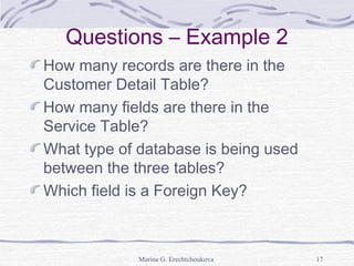 Questions – Example 2
How many records are there in the
Customer Detail Table?
How many fields are there in the
Service Table?
What type of database is being used
between the three tables?
Which field is a Foreign Key?
Marina G. Erechtchoukova 17
 