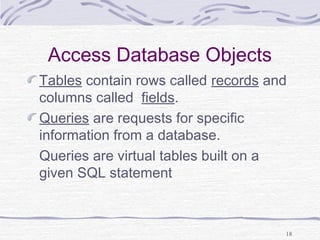 18
Access Database Objects
Tables contain rows called records and
columns called fields.
Queries are requests for specific
information from a database.
Queries are virtual tables built on a
given SQL statement
 