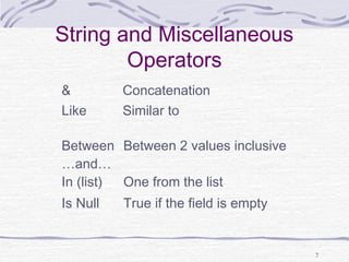 7
String and Miscellaneous
Operators
& Concatenation
Like Similar to
Between
…and…
Between 2 values inclusive
In (list) One from the list
Is Null True if the field is empty
 