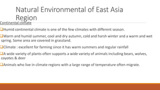 Natural Environmental of East Asia
RegionContinental climate
Humid continental climate is one of the few climates with different season.
Warm and humid summer, cool and dry autumn, cold and harsh winter and a warm and wet
spring. Some area are covered in grassland.
Climate : excellent for farming since it has warm summers and regular rainfall
A wide variety of plants often supports a wide variety of animals including bears, wolves,
coyotes & deer
Animals who live in climate regions with a large range of temperature often migrate.
 