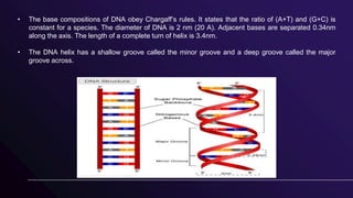 • The base compositions of DNA obey Chargaff’s rules. It states that the ratio of (A+T) and (G+C) is
constant for a species. The diameter of DNA is 2 nm (20 A). Adjacent bases are separated 0.34nm
along the axis. The length of a complete turn of helix is 3.4nm.
• The DNA helix has a shallow groove called the minor groove and a deep groove called the major
groove across.
 