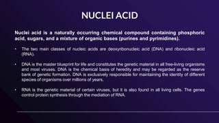 NUCLEI ACID
Nuclei acid is a naturally occurring chemical compound containing phosphoric
acid, sugars, and a mixture of organic bases (purines and pyrimidines).
• The two main classes of nucleic acids are deoxyribonucleic acid (DNA) and ribonucleic acid
(RNA).
• DNA is the master blueprint for life and constitutes the genetic material in all free-living organisms
and most viruses. DNA is the chemical basis of heredity and may be regarded as the reserve
bank of genetic formation. DNA is exclusively responsible for maintaining the identity of different
species of organisms over millions of years.
• RNA is the genetic material of certain viruses, but it is also found in all living cells. The genes
control protein synthesis through the mediation of RNA.
 