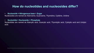 • Nucleoside = Nitrogenous base + Sugar
Nucleosides are named as Adenosine, Guanosine, Thymidine, Cytidine, Uridine
• Nucleotide = Nucleoside + Phosphate
Nucleotides are named as Adenylic acid, Guanylic acid, Thymidylic acid, Cytidylic acid and Uridylic
acid.
How do nucleotides and nucleosides differ?
 