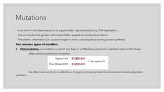 Mutations
◦ Is an error in the base sequence in a gene that is reproduced during DNA replication.
◦ The errors alter the genetic information that is passed on during transcription.
◦ The altered information can cause changes in amino acid sequence during protein synthesis.
Two common types of mutation:
1. Point mutation- is a mutation in which one base in a DNA base sequence is replaced with another base.
-often called a substitution mutation.
-the effect can vary from no effect to a change in primary protein structure to termination of protein
synthesis.
 