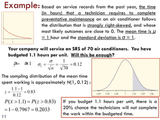 11
Example: Based on service records from the past year, the time
(in hours) that a technician requires to complete
preventative maintenance on an air conditioner follows
the distribution that is strongly right-skewed, and whose
most likely outcomes are close to 0. The mean time is µ
= 1 hour and the standard deviation is σ = 1.
Your company will service an SRS of 70 air conditioners. You have
budgeted 1.1 hours per unit. Will this be enough?
1==
μ
μ
x
The sampling distribution of the mean time
spent working is approximately N(1, 0.12) :
2033.07967.01
)83.0()1.1(
=−=
>=> zPxP If you budget 1.1 hours per unit, there is a
20% chance the technicians will not complete
the work within the budgeted time.
 