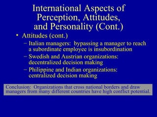 International Aspects of Perception, Attitudes, and Personality (Cont.) Attitudes (cont.) Italian managers:  bypassing a manager to reach a subordinate employee is insubordination Swedish and Austrian organizations:  decentralized decision making Philippine and Indian organizations:  centralized decision making Conclusion:  Organizations that cross national borders and draw managers from many different countries have high conflict potential. 