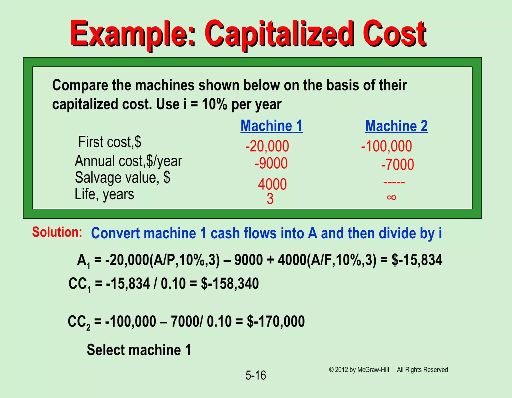 5-16
Example: Capitalized CostExample: Capitalized Cost
Solution:
Compare the machines shown below on the basis of their
capitalized cost. Use i = 10% per year
Machine 1 Machine 2
First cost,$
Annual cost,$/year
Salvage value, $
Life, years
-20,000 -100,000
-9000 -7000
4000 -----
3 ∞
Convert machine 1 cash flows into A and then divide by i
A1 = -20,000(A/P,10%,3) – 9000 + 4000(A/F,10%,3) = $-15,834
CC1 = -15,834 / 0.10 = $-158,340
CC2 = -100,000 – 7000/ 0.10 = $-170,000
Select machine 1
© 2012 by McGraw-Hill All Rights Reserved
 