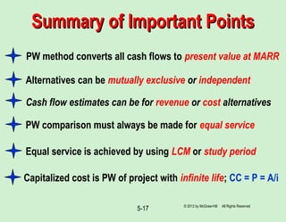 5-17
Summary of Important PointsSummary of Important Points
PW method converts all cash flows to present value at MARR
PW comparison must always be made for equal service
Alternatives can be mutually exclusive or independent
Cash flow estimates can be for revenue or cost alternatives
Equal service is achieved by using LCM or study period
Capitalized cost is PW of project with infinite life; CC = P = A/i
© 2012 by McGraw-Hill All Rights Reserved
 