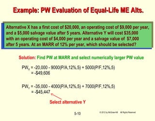 5-10
Example: PW Evaluation of Equal-Life ME Alts.Example: PW Evaluation of Equal-Life ME Alts.
Alternative X has a first cost of $20,000, an operating cost of $9,000 per year,
and a $5,000 salvage value after 5 years. Alternative Y will cost $35,000
with an operating cost of $4,000 per year and a salvage value of $7,000
after 5 years. At an MARR of 12% per year, which should be selected?
Solution: Find PW at MARR and select numerically larger PW value
PWX = -20,000 - 9000(P/A,12%,5) + 5000(P/F,12%,5)
= -$49,606
PWY = -35,000 - 4000(P/A,12%,5) + 7000(P/F,12%,5)
= -$45,447
Select alternative Y
© 2012 by McGraw-Hill All Rights Reserved
 