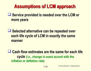Assumptions of LCM approachAssumptions of LCM approach
 Service provided is needed over the LCM or
more years
 Selected alternative can be repeated over
each life cycle of LCM in exactly the same
manner
 Cash flow estimates are the same for each life
cycle (i.e., change in exact accord with the
inflation or deflation rate)
1-15 © 2012 by McGraw-Hill All Rights Reserved
 