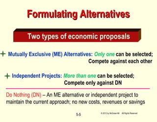 5-5
Formulating AlternativesFormulating Alternatives
Two types of economic proposals
Mutually Exclusive (ME) Alternatives: Only one can be selected;
Compete against each other
Independent Projects: More than one can be selected;
Compete only against DN
© 2012 by McGraw-Hill All Rights Reserved
Do Nothing (DN) – An ME alternative or independent project to
maintain the current approach; no new costs, revenues or savings
 