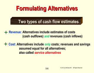 5-6
Revenue: Alternatives include estimates of costs
(cash outflows) and revenues (cash inflows)
Two types of cash flow estimates
Cost: Alternatives include only costs; revenues and savings
assumed equal for all alternatives;
also called service alternatives
Formulating AlternativesFormulating Alternatives
© 2012 by McGraw-Hill All Rights Reserved
 