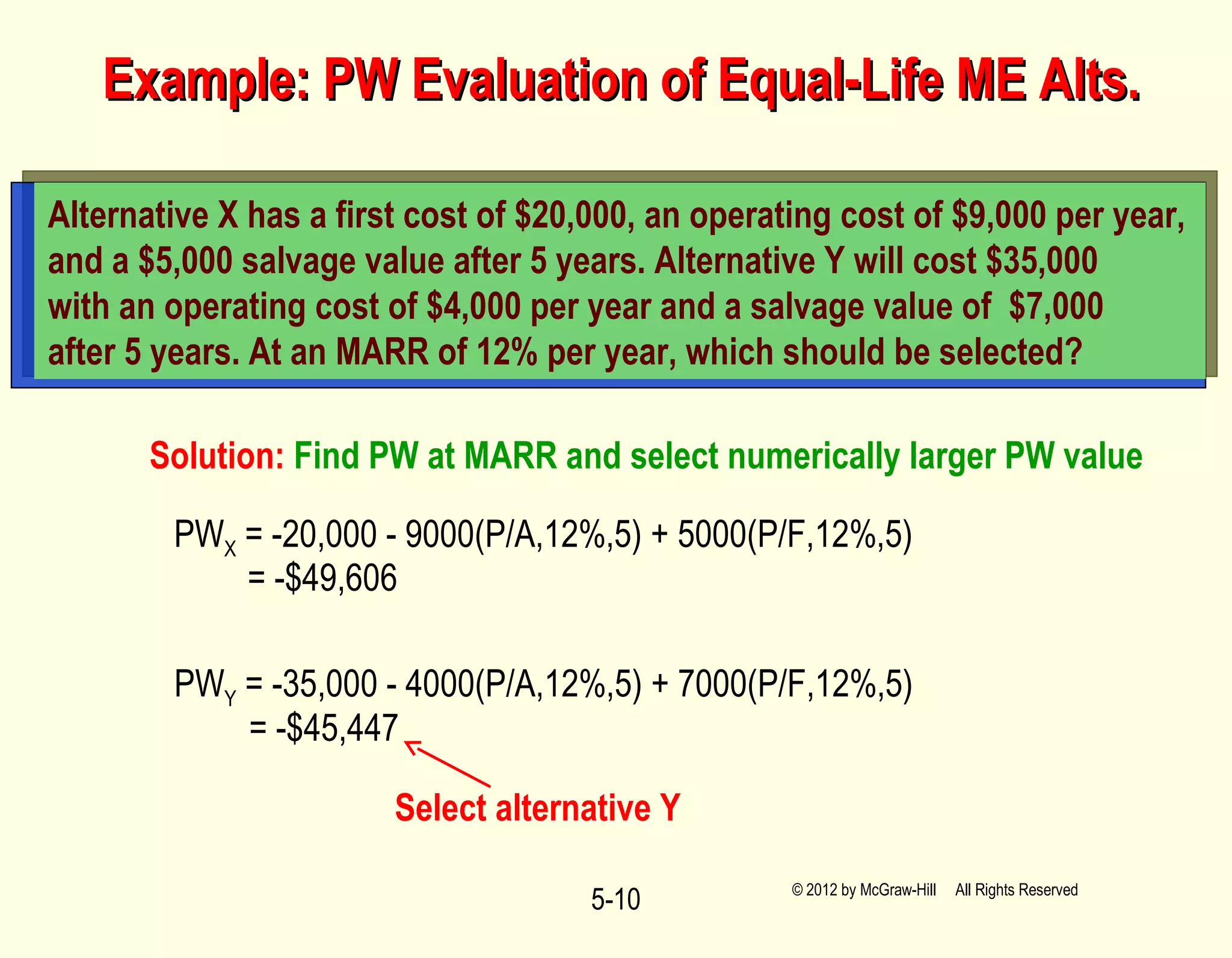 5-10
Example: PW Evaluation of Equal-Life ME Alts.Example: PW Evaluation of Equal-Life ME Alts.
Alternative X has a first cost of $20,000, an operating cost of $9,000 per year,
and a $5,000 salvage value after 5 years. Alternative Y will cost $35,000
with an operating cost of $4,000 per year and a salvage value of $7,000
after 5 years. At an MARR of 12% per year, which should be selected?
Solution: Find PW at MARR and select numerically larger PW value
PWX = -20,000 - 9000(P/A,12%,5) + 5000(P/F,12%,5)
= -$49,606
PWY = -35,000 - 4000(P/A,12%,5) + 7000(P/F,12%,5)
= -$45,447
Select alternative Y
© 2012 by McGraw-Hill All Rights Reserved
 