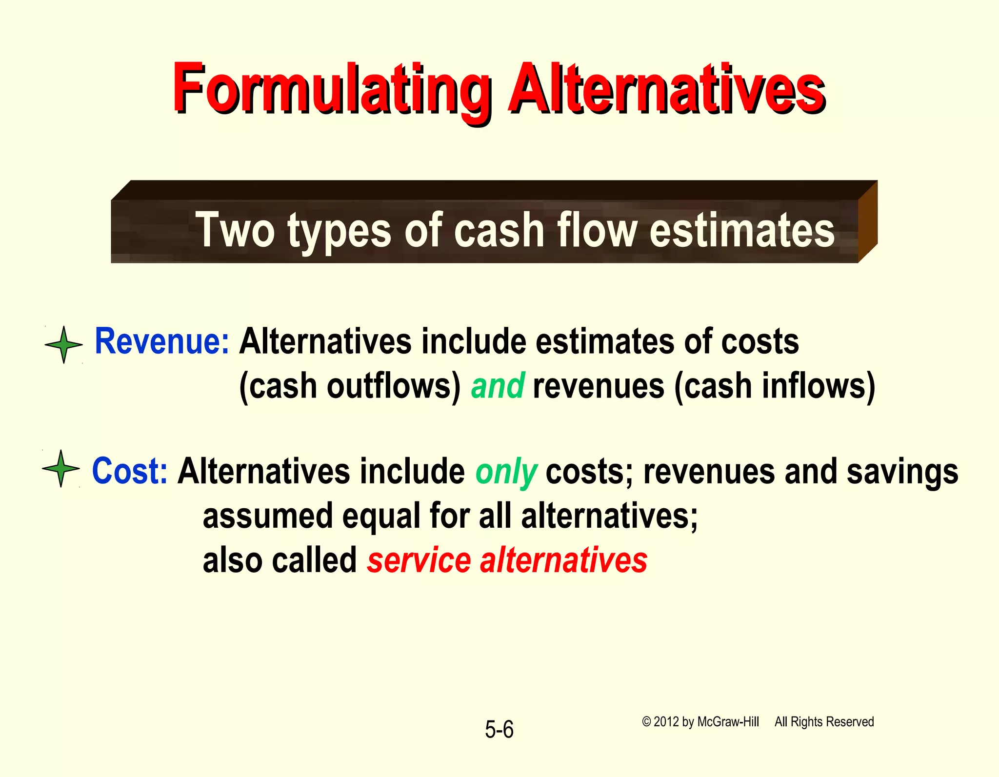 5-6
Revenue: Alternatives include estimates of costs
(cash outflows) and revenues (cash inflows)
Two types of cash flow estimates
Cost: Alternatives include only costs; revenues and savings
assumed equal for all alternatives;
also called service alternatives
Formulating AlternativesFormulating Alternatives
© 2012 by McGraw-Hill All Rights Reserved
 