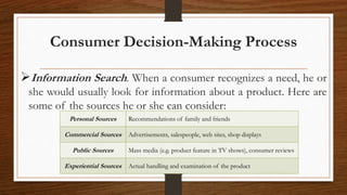 Consumer Decision-Making Process
Information Search. When a consumer recognizes a need, he or
she would usually look for information about a product. Here are
some of the sources he or she can consider:
Personal Sources Recommendations of family and friends
Commercial Sources Advertisements, salespeople, web sites, shop displays
Public Sources Mass media (e.g. product feature in TV shows), consumer reviews
Experiential Sources Actual handling and examination of the product
 