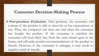 Consumer Decision-Making Process
Post–purchase Evaluation. After purchase, the consumer will
evaluate if the product is able to meet his or her expectations or
not. Thus, the company’s job does not end when the consumer
has bought the product. If the consumer is satisfied, the
consumer will most likely buy from the same brand again in the
future, and will make positive recommendations of the product to
friends. However, if the consumer is unhappy, it may result to
negative word of mouth.
 