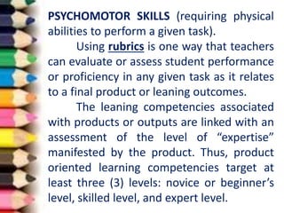 PSYCHOMOTOR SKILLS (requiring physical
abilities to perform a given task).
Using rubrics is one way that teachers
can evaluate or assess student performance
or proficiency in any given task as it relates
to a final product or leaning outcomes.
The leaning competencies associated
with products or outputs are linked with an
assessment of the level of “expertise”
manifested by the product. Thus, product
oriented learning competencies target at
least three (3) levels: novice or beginner’s
level, skilled level, and expert level.
 