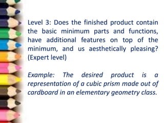 Level 3: Does the finished product contain
the basic minimum parts and functions,
have additional features on top of the
minimum, and us aesthetically pleasing?
(Expert level)
Example: The desired product is a
representation of a cubic prism made out of
cardboard in an elementary geometry class.
 