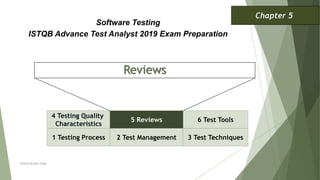 Reviews
1 Testing Process 2 Test Management 3 Test Techniques
Software Testing
ISTQB Advance Test Analyst 2019 Exam Preparation
Chapter 5
Neeraj Kumar Singh
4 Testing Quality
Characteristics
5 Reviews 6 Test Tools
 
