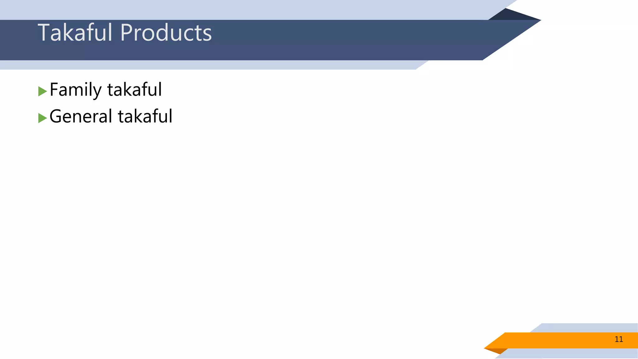 Takaful Products
Family takaful
General takaful
11
 