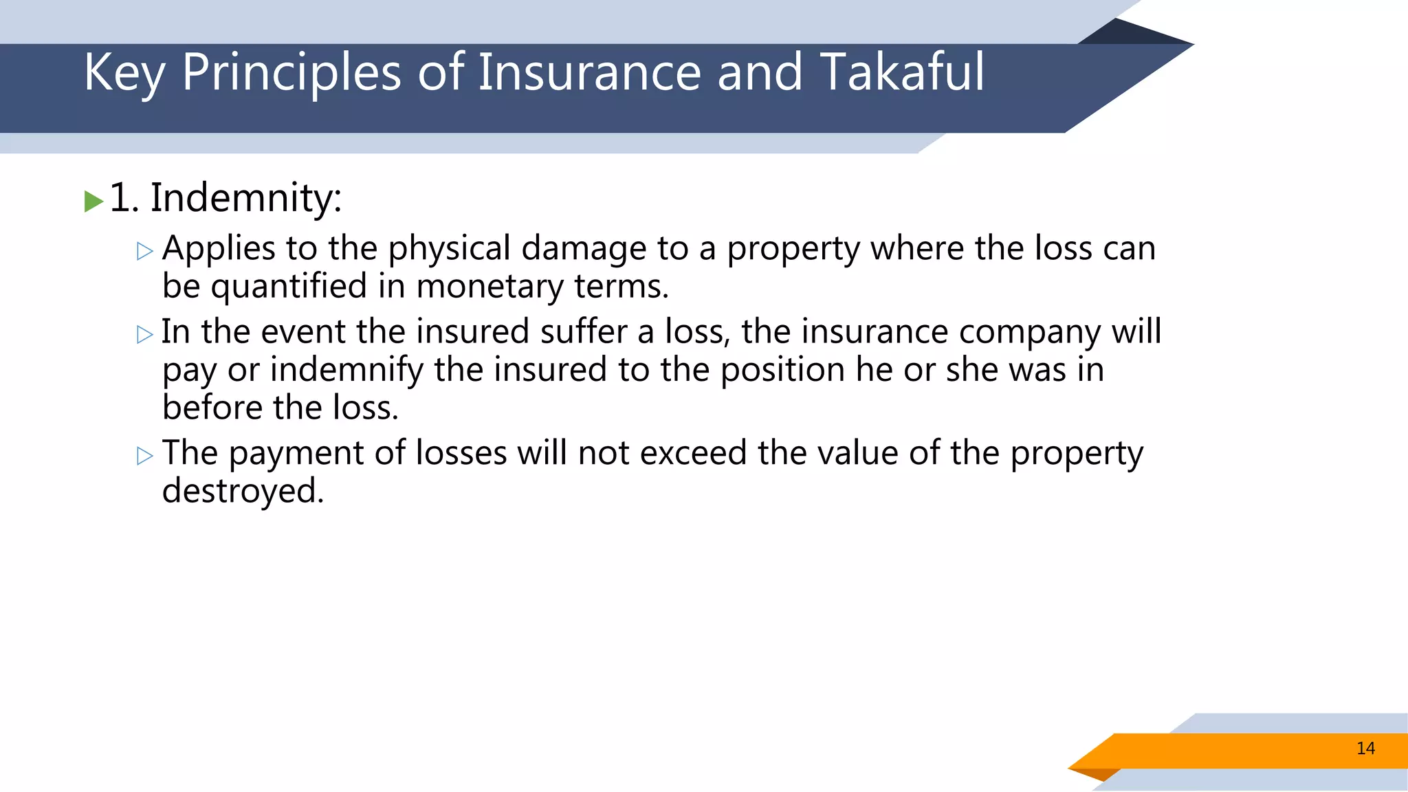 Key Principles of Insurance and Takaful
1. Indemnity:
 Applies to the physical damage to a property where the loss can
be quantified in monetary terms.
 In the event the insured suffer a loss, the insurance company will
pay or indemnify the insured to the position he or she was in
before the loss.
 The payment of losses will not exceed the value of the property
destroyed.
14
 
