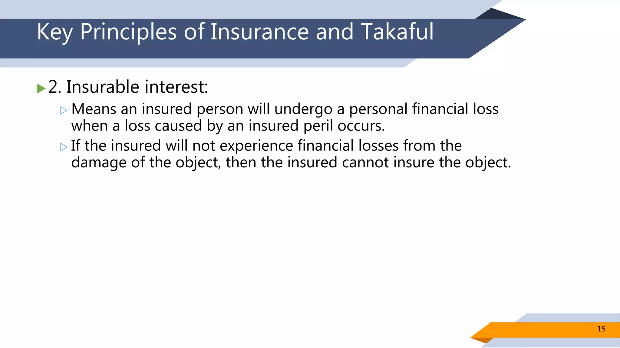 Key Principles of Insurance and Takaful
2. Insurable interest:
 Means an insured person will undergo a personal financial loss
when a loss caused by an insured peril occurs.
 If the insured will not experience financial losses from the
damage of the object, then the insured cannot insure the object.
15
 