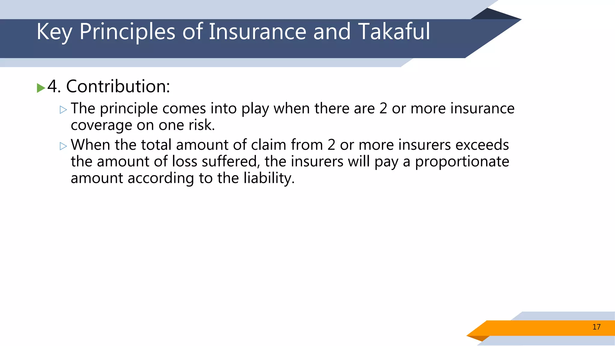 Key Principles of Insurance and Takaful
4. Contribution:
 The principle comes into play when there are 2 or more insurance
coverage on one risk.
 When the total amount of claim from 2 or more insurers exceeds
the amount of loss suffered, the insurers will pay a proportionate
amount according to the liability.
17
 